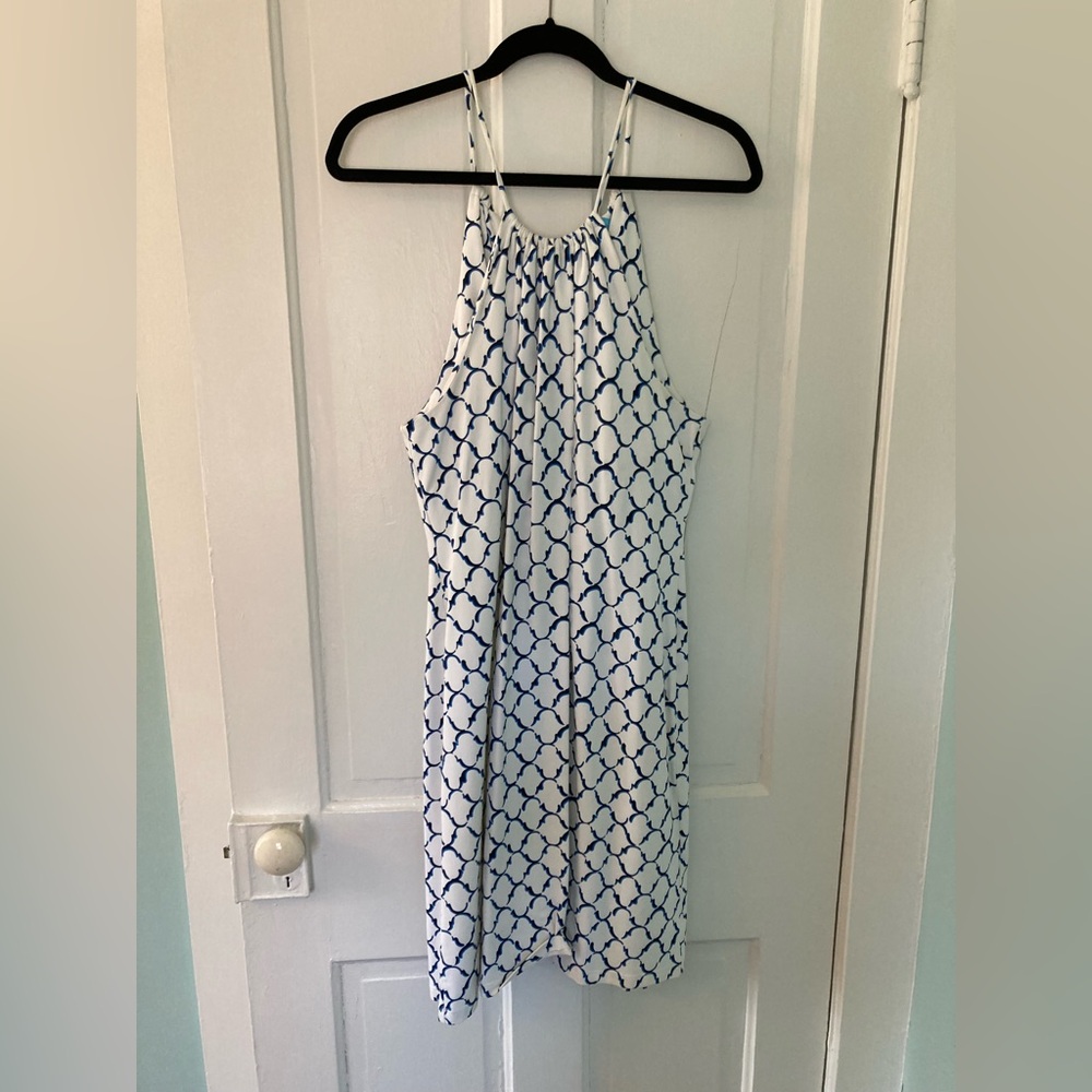 Women’s White and Blue Printed Halter Dress